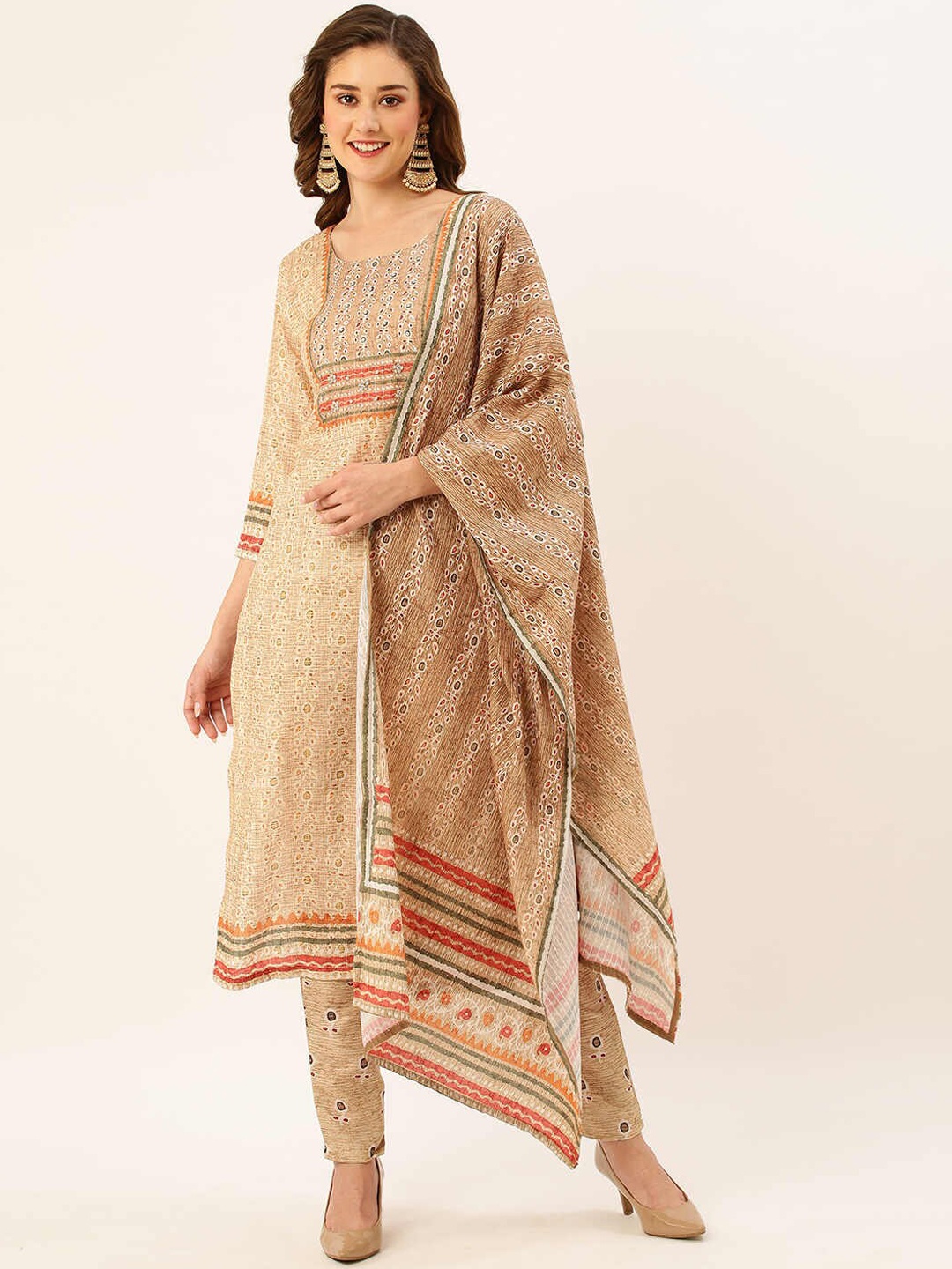 

ZOLA Ethnic Motifs Printed Regular Linen Kurta With Trousers & Dupatta, Khaki