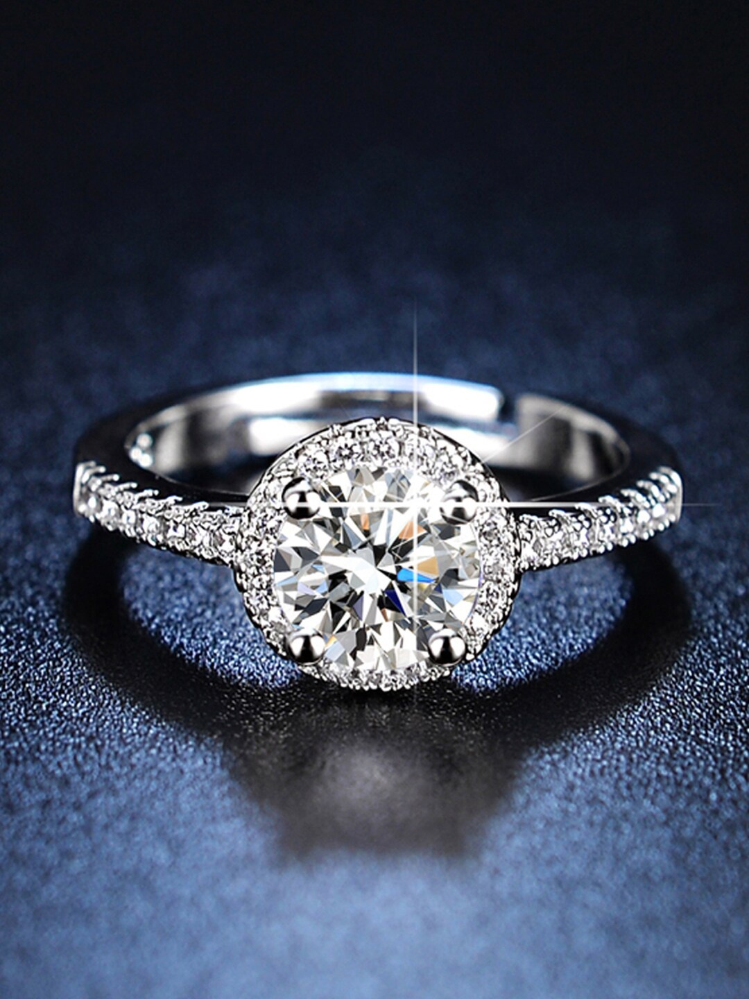 

Jewels Galaxy Silver-Plated American Diamond Studded Adjustable Finger Ring