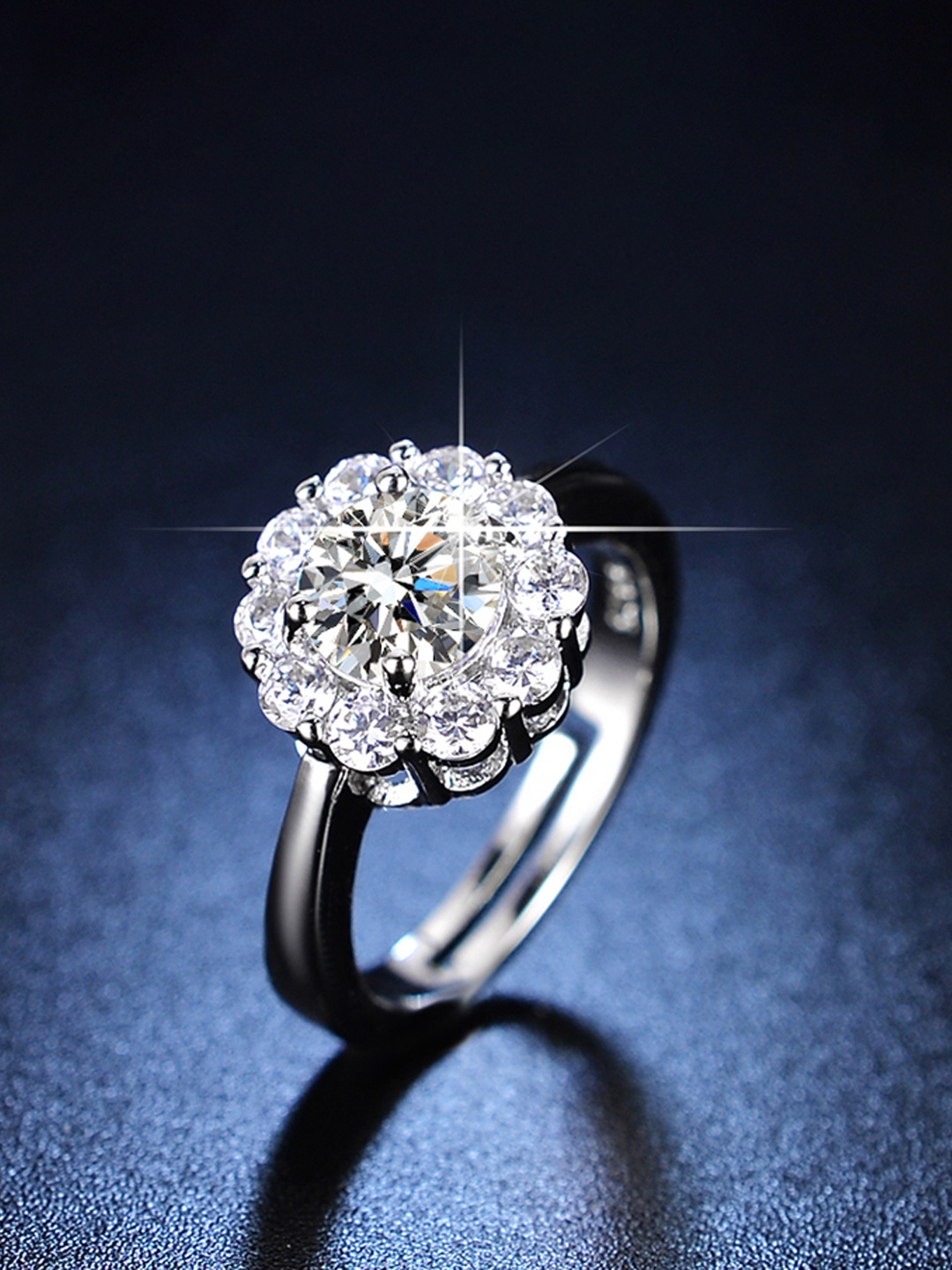 

Jewels Galaxy Silver Plated American Diamond Studded Floral Finger Ring