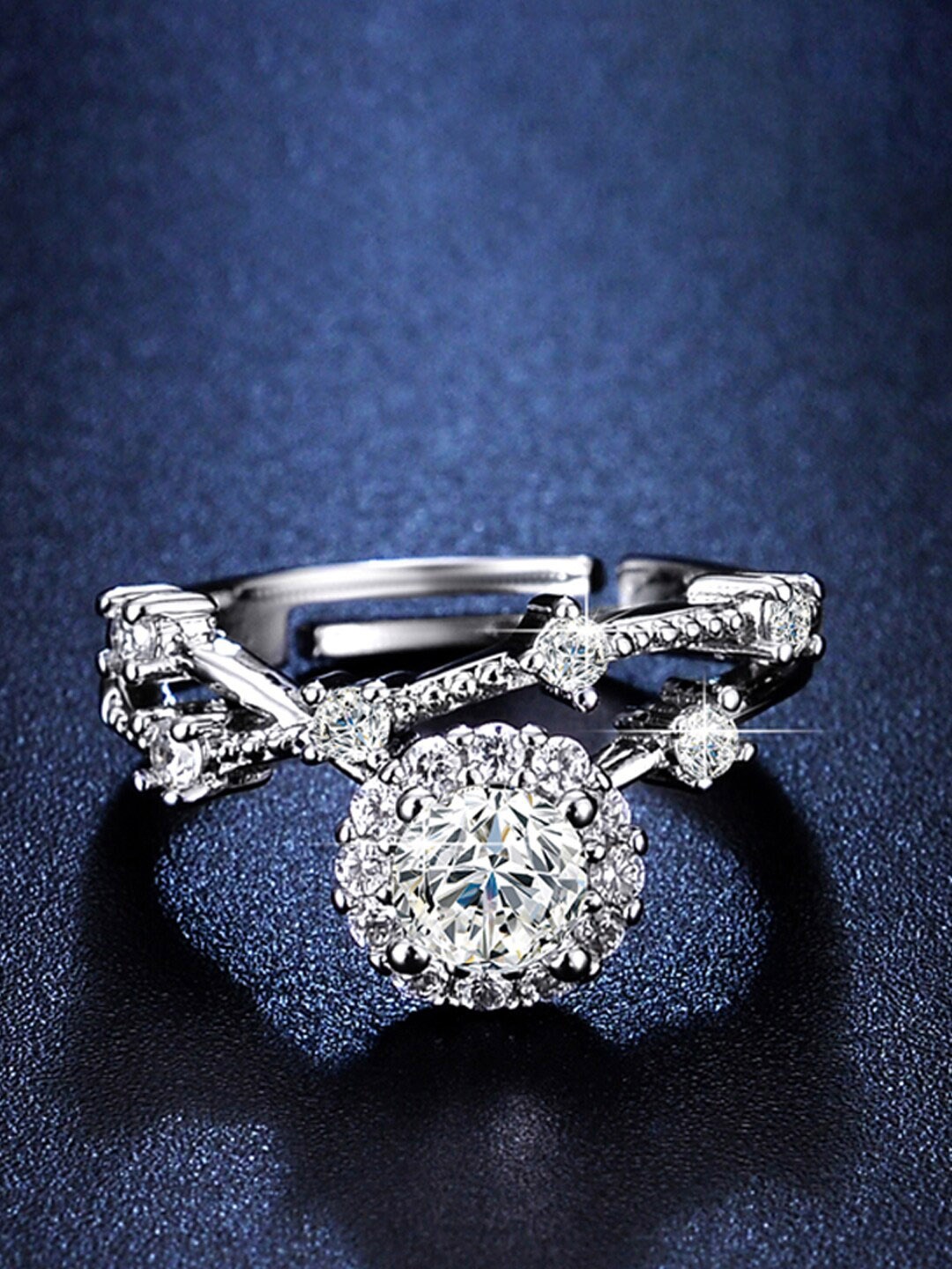 

Jewels Galaxy Silver-Plated American Diamond Studded Finger Ring