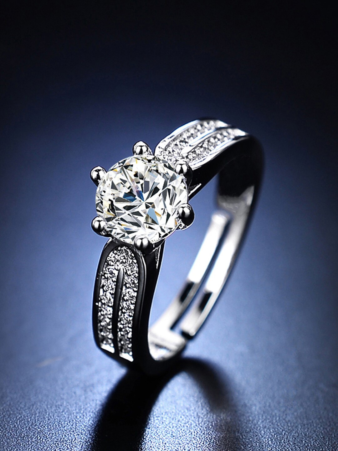 

Jewels Galaxy Silver-Plated American Diamond Studded Adjustable Finger Ring