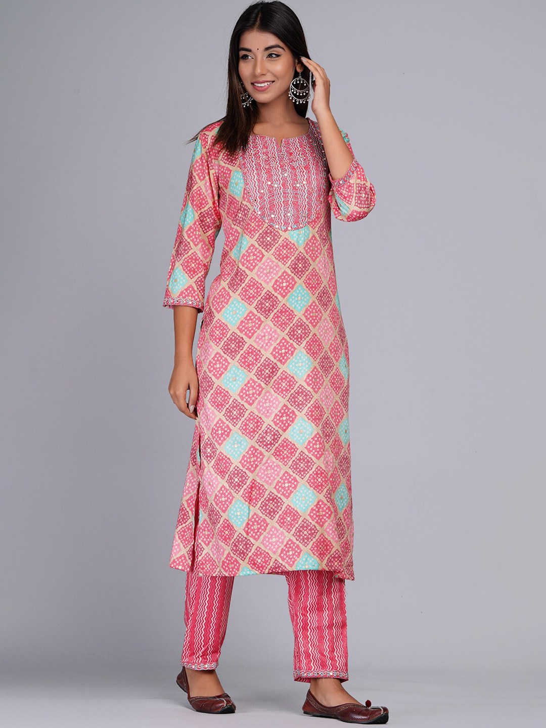 

Bachuu Ethnic Motifs Printed Mirror Work Chanderi Cotton Kurta with Trousers, Pink