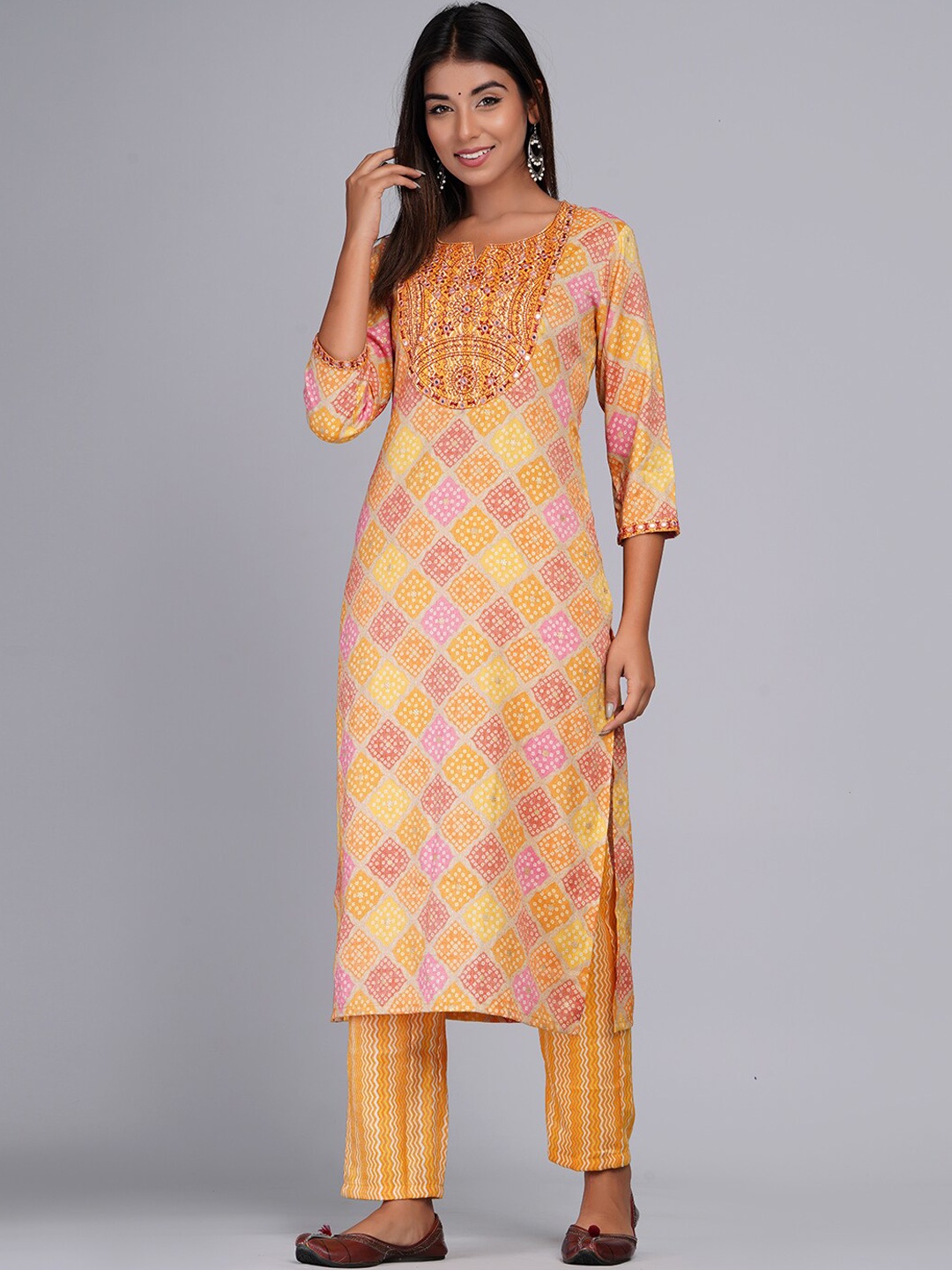 

Bachuu Bandhani Printed Mirror Work Chanderi Cotton Kurta with Trousers, Mustard