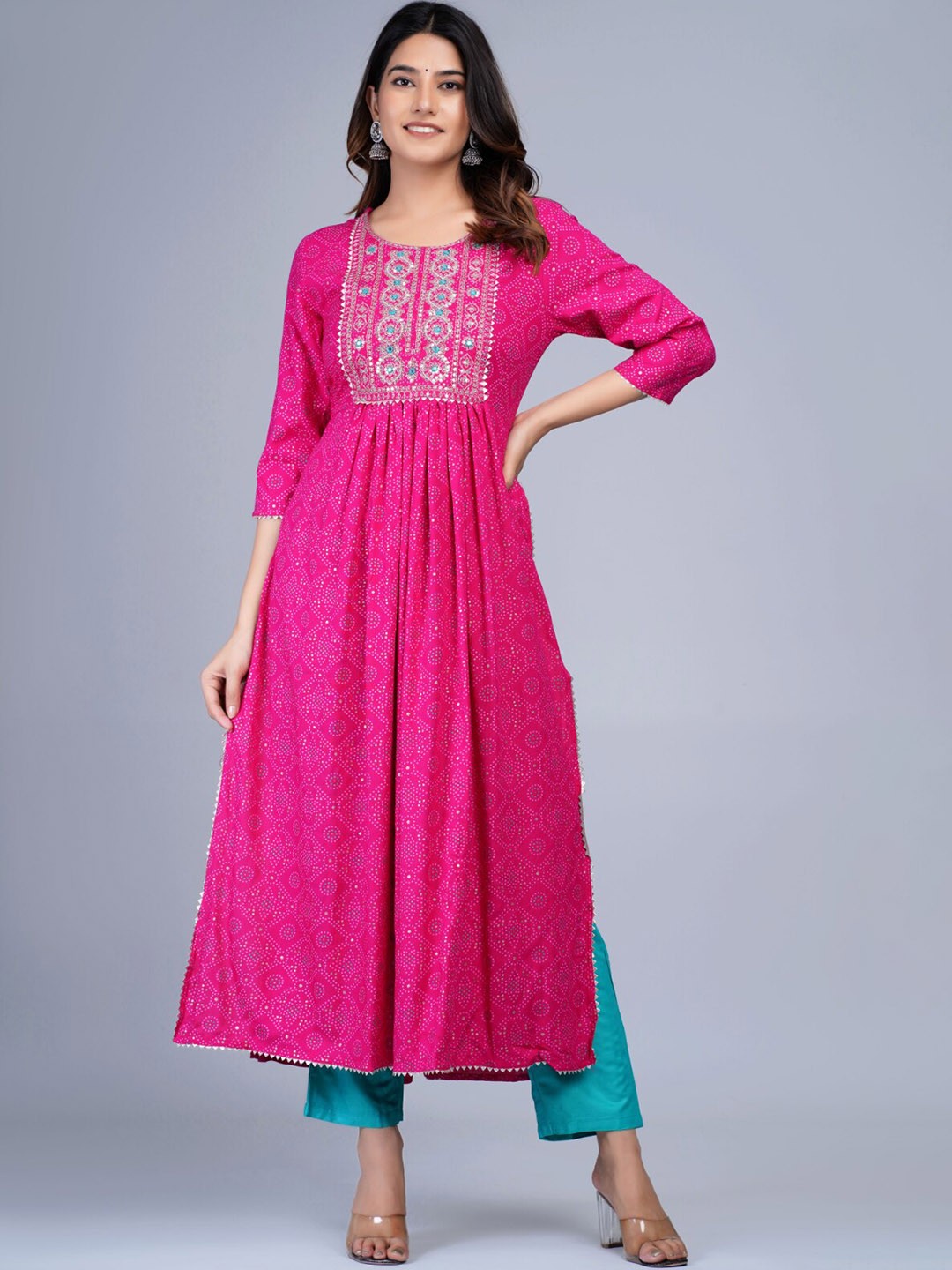 

Bachuu Bandhani Printed Mirror Work A-Line Kurta with Trousers, Pink