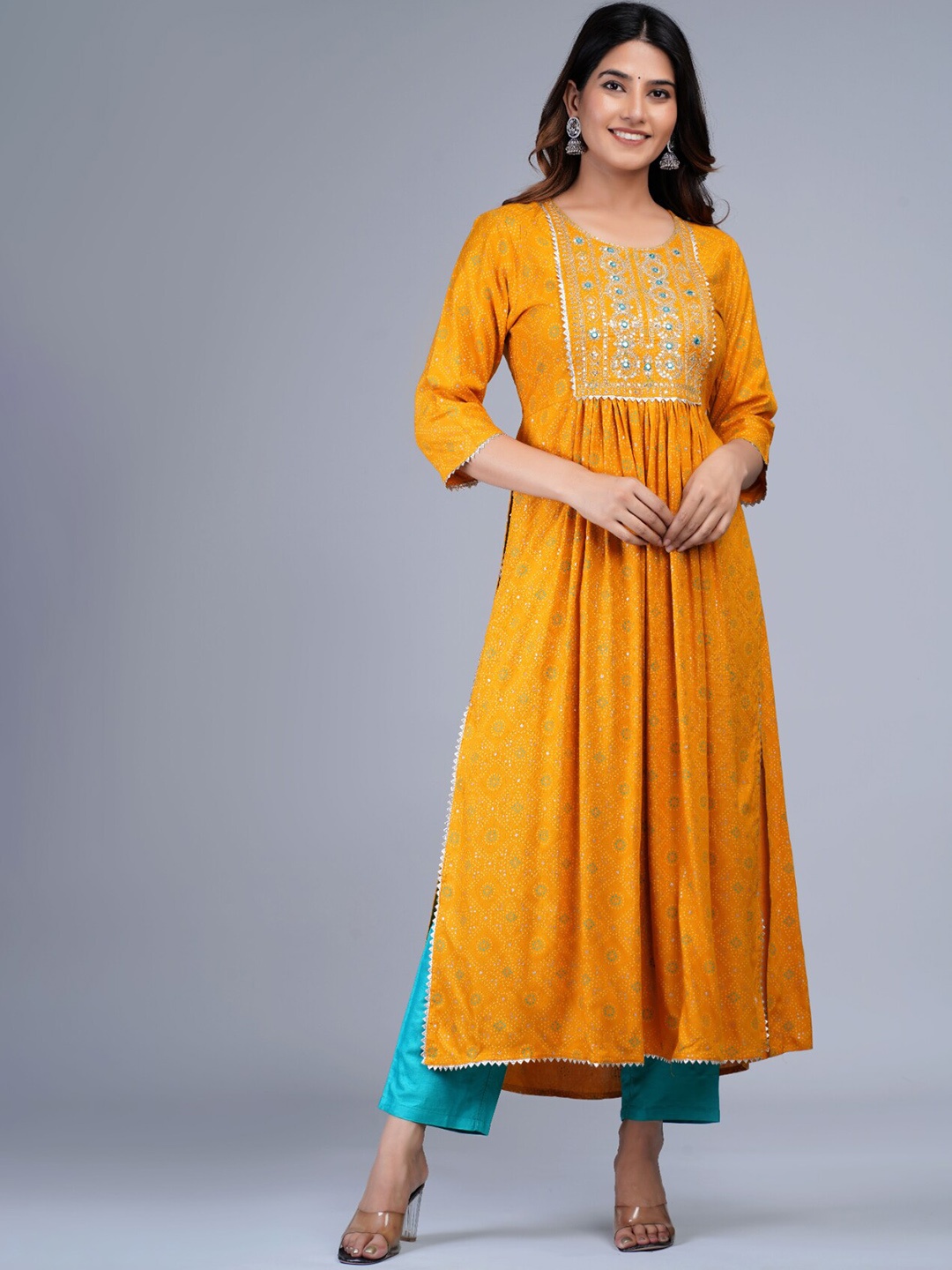 

Bachuu Bandhani Printed High Slit Gotta Patti Mirror Work Kurta with Trousers, Mustard