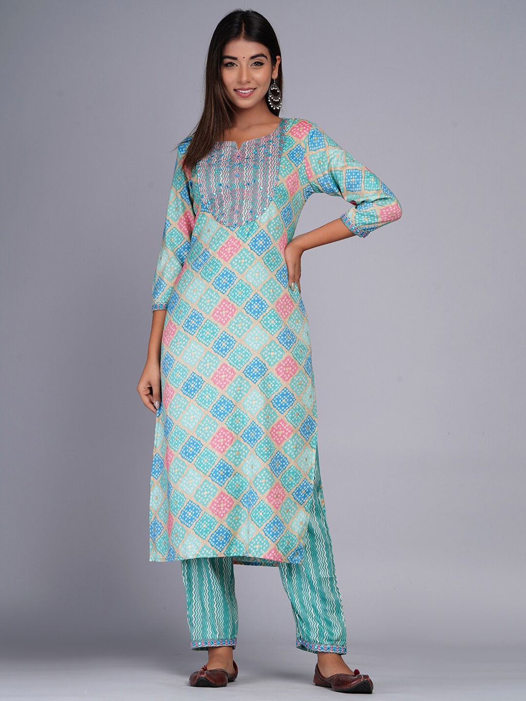 

Bachuu Bandhani Printed Mirror Work Chanderi Cotton Kurta with Trousers, Sea green