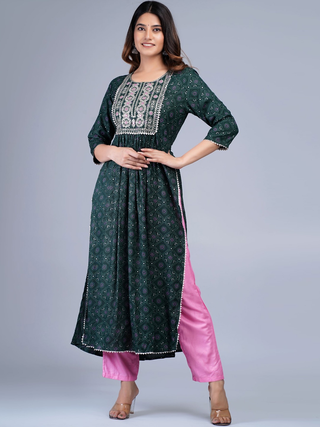 

Bachuu Bandhani Printed High Slit Gotta Patti Mirror Work Kurta with Trousers, Green