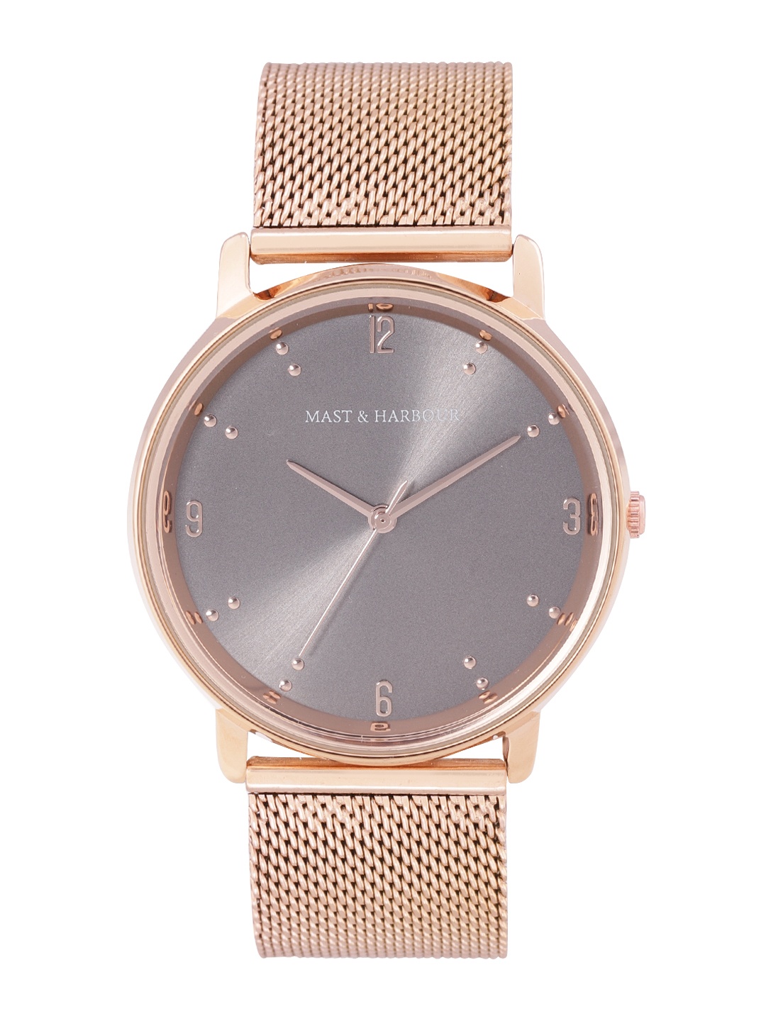 

Mast & Harbour Men Grey Brass Embellished Dial & Rose Gold Toned Stainless Steel Bracelet Style Straps Watch