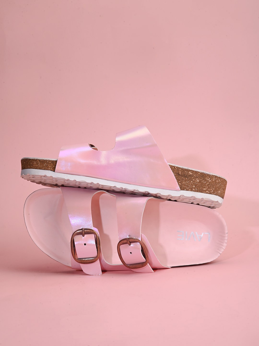 

Lavie Women Two Strap Open Toe Flats With Buckles, Pink