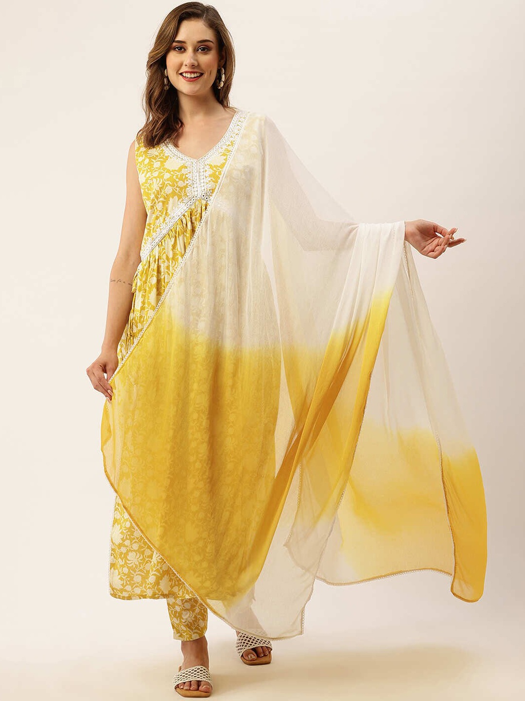 

ZOLA Floral Printed Regular Pure Cotton Kurta With Trousers & Dupatta, Yellow