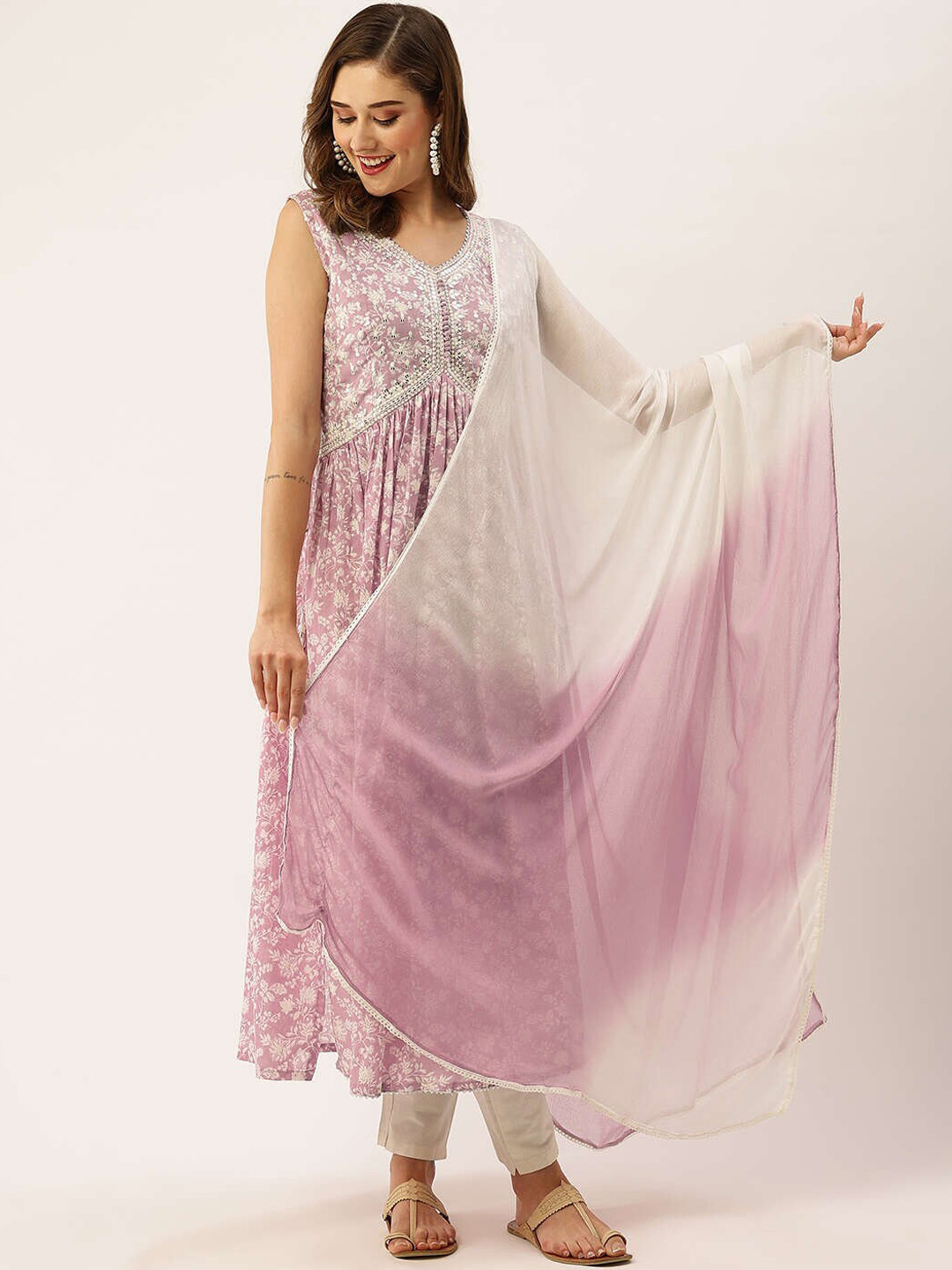 

ZOLA Floral Printed Regular Pure Cotton Kurta With Trousers & Dupatta, Purple