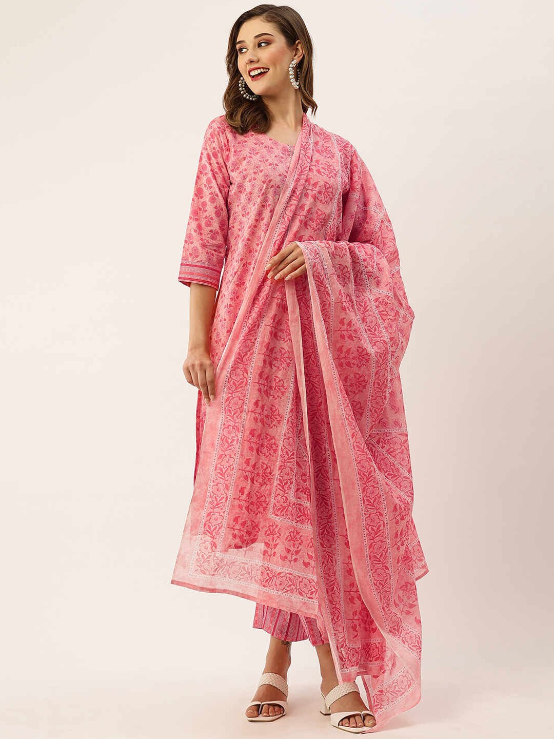 

ZOLA Ethnic Motifs Printed Regular Pure Cotton Kurta With Trousers & Dupatta, Pink