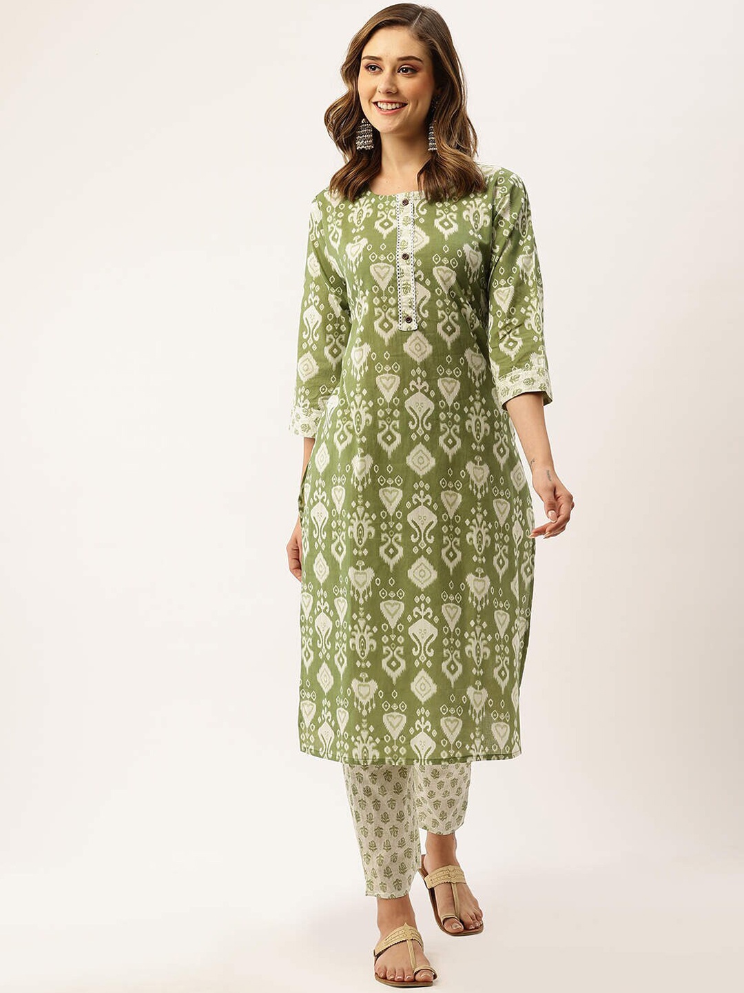 

ZOLA Ethnic Motifs Printed Regular Pure Cotton Kurta With Trousers, Green