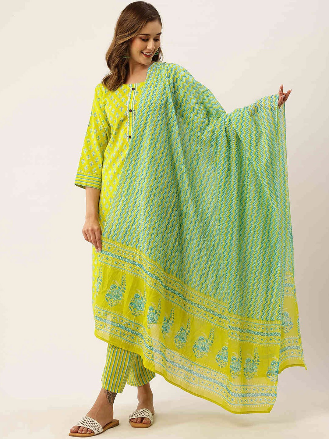 

ZOLA Ethnic Motifs Printed Regular Pure Cotton Kurta With Trousers & Dupatta, Lime green