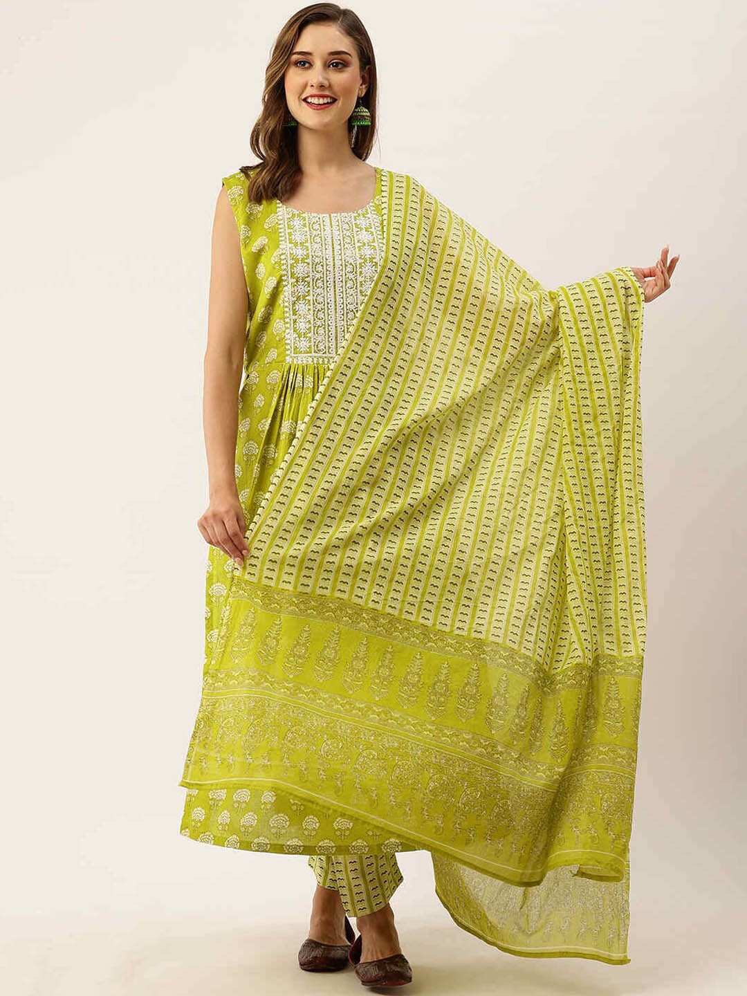 

ZOLA Floral Printed Regular Pure Cotton Kurta With Trousers & Dupatta, Green