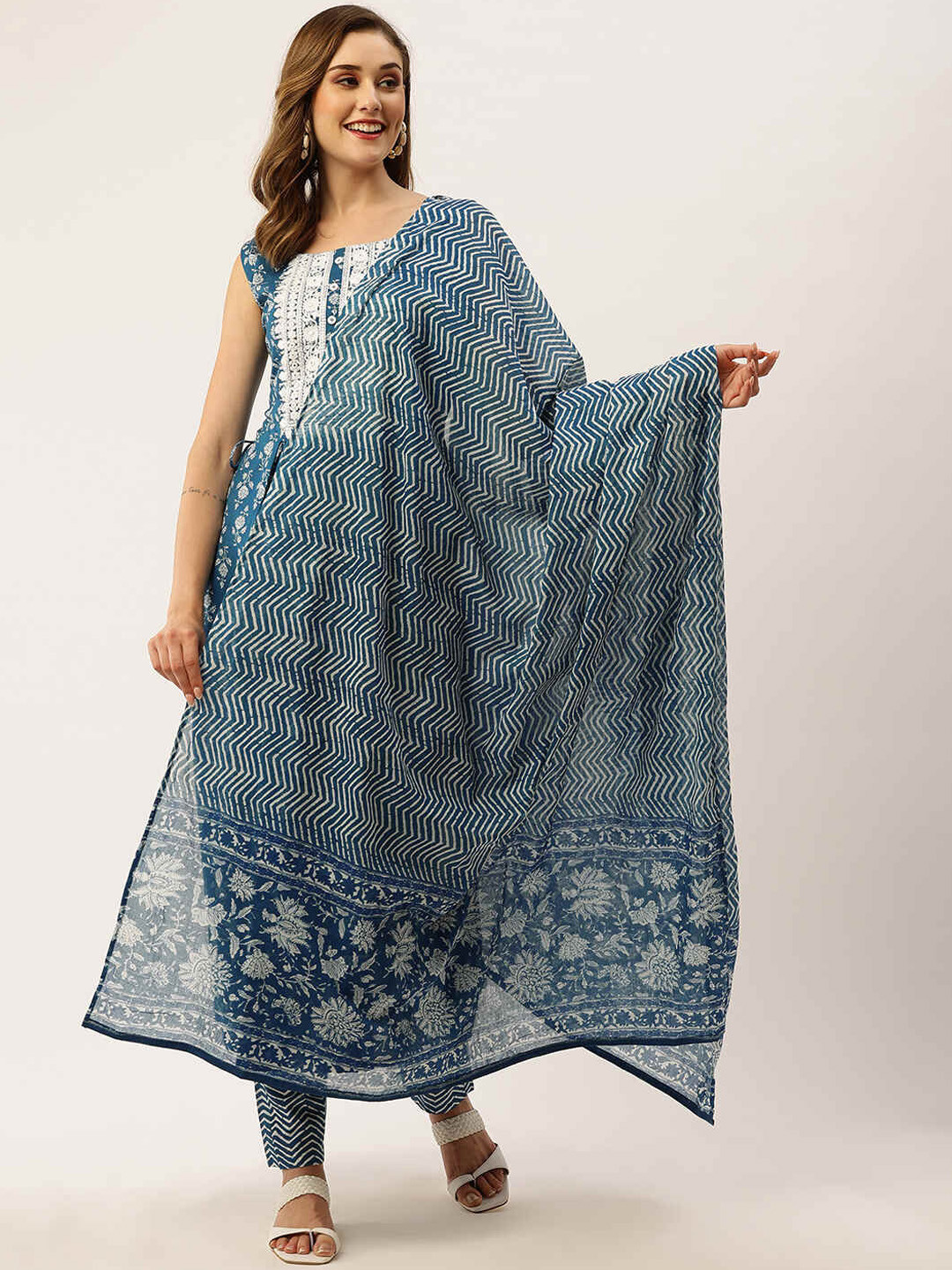 

ZOLA Floral Printed Pleated Thread Work Pure Cotton Kurta With Trousers & Dupatta, Blue