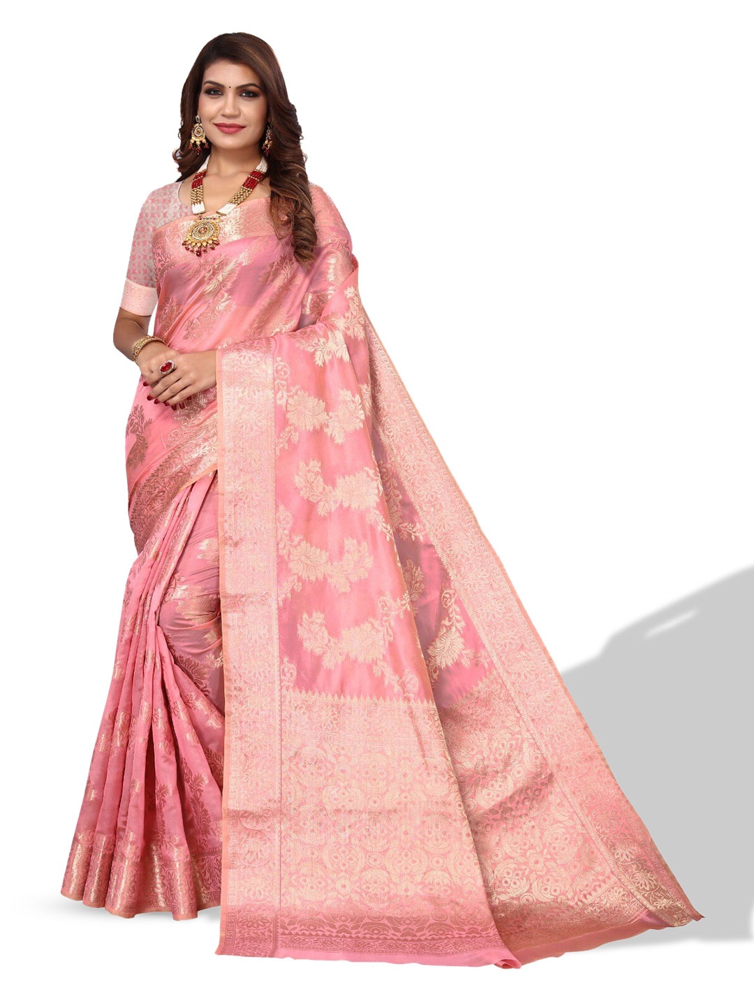 

DIVASTRI Floral Woven Design Zari Saree, Pink