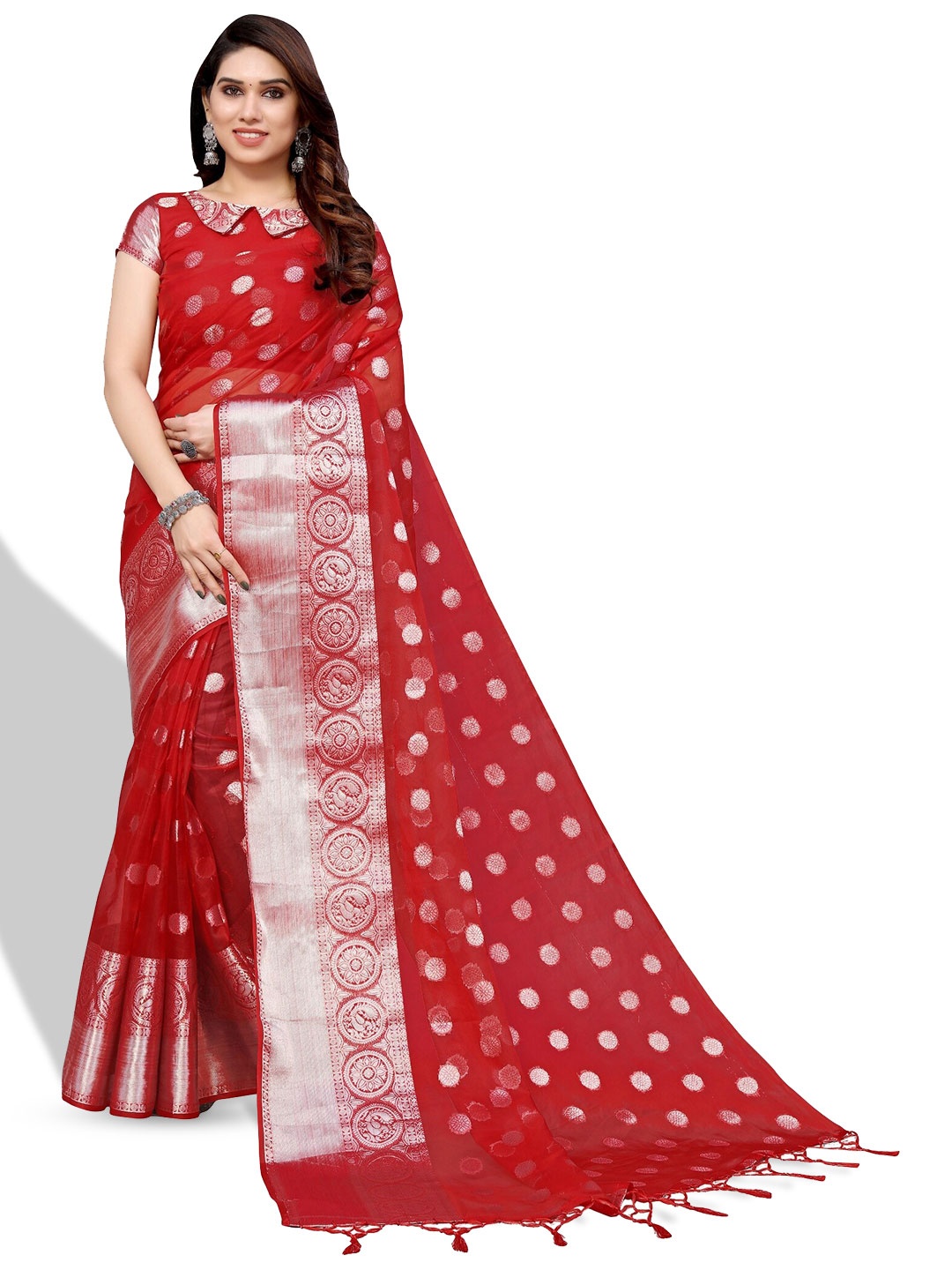 

DIVASTRI Ethnic Motifs Woven Design Zari Saree, Red