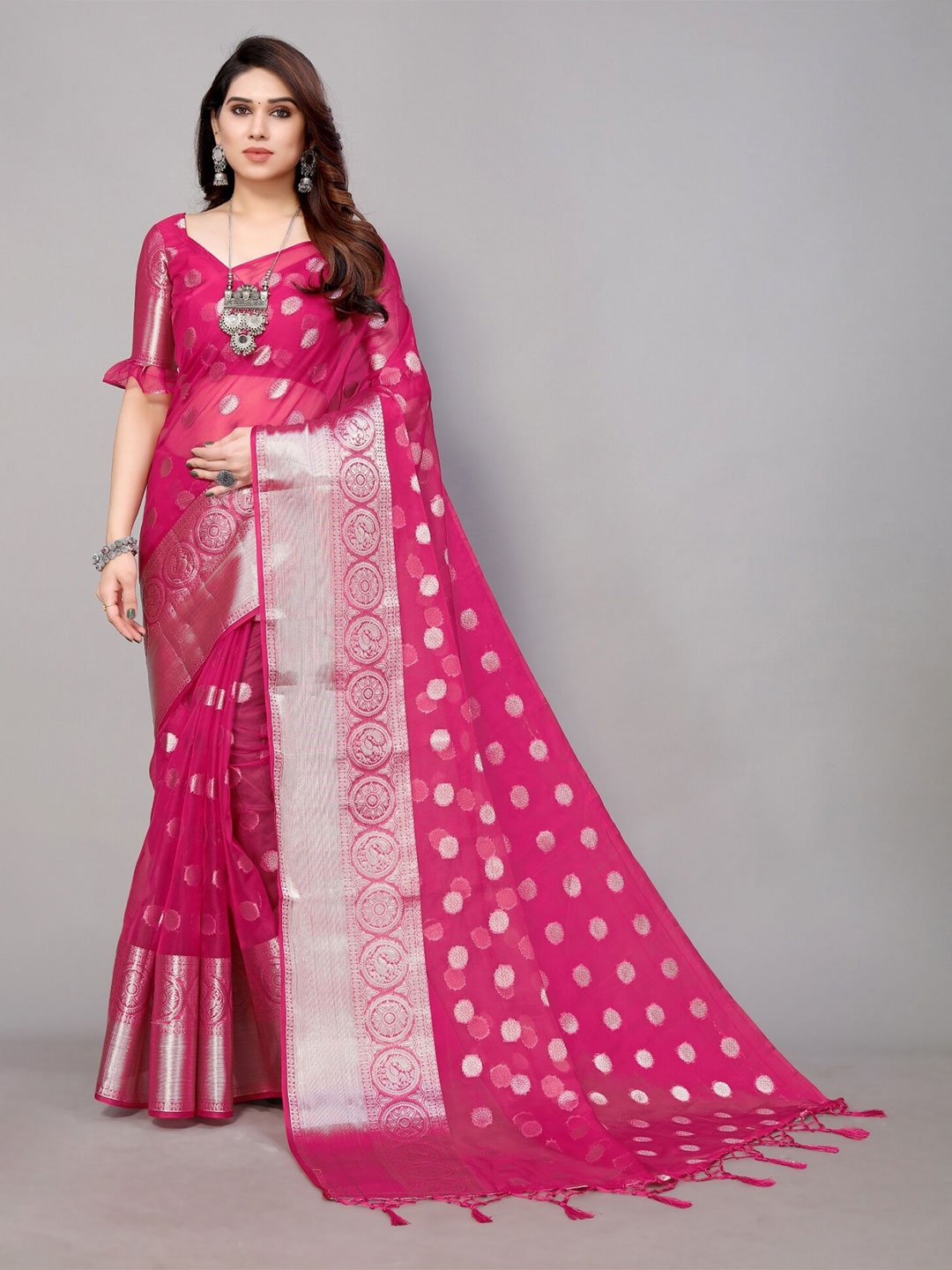 

DIVASTRI Ethnic Motifs Woven Design Zari Saree, Pink