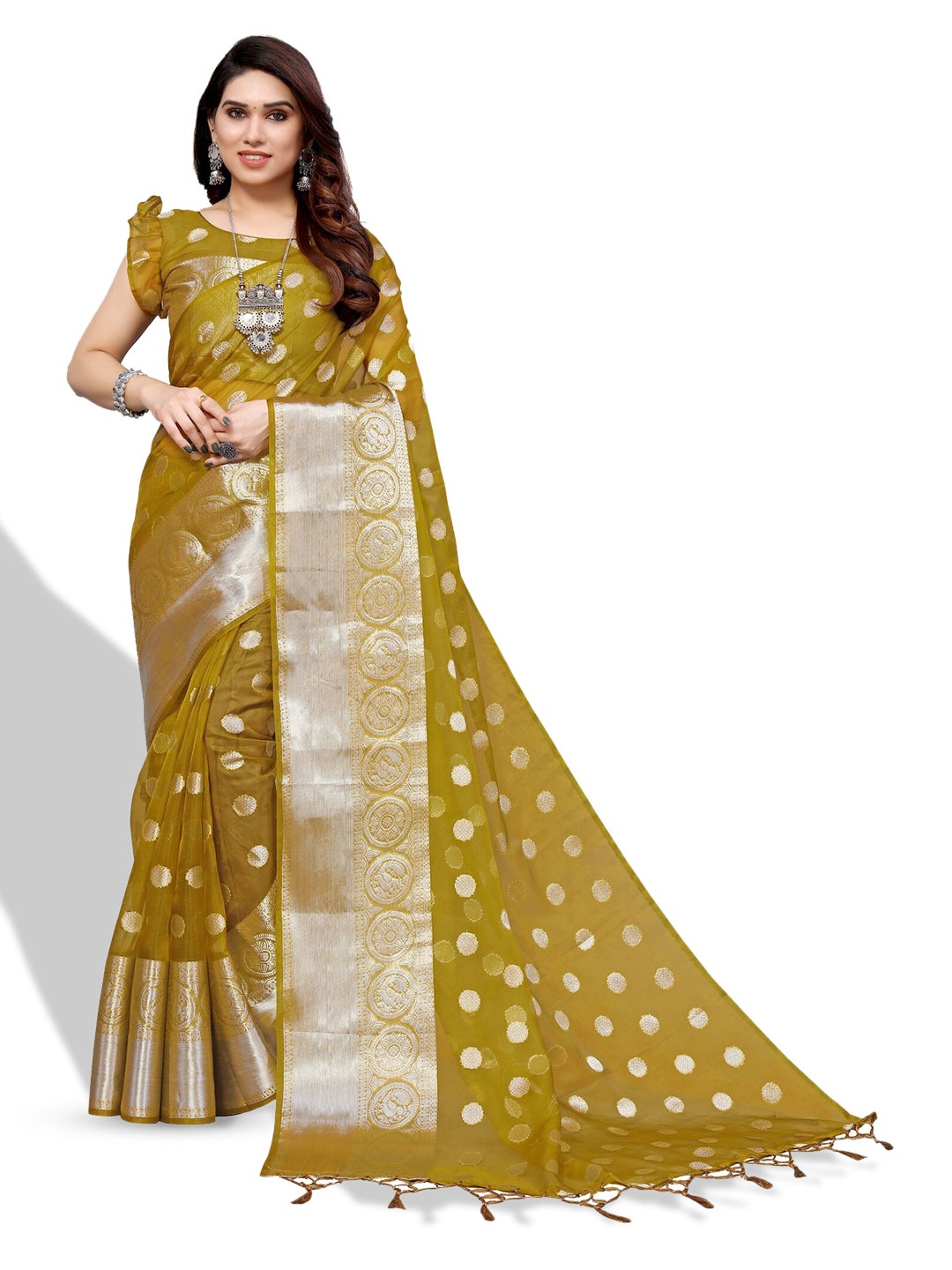 

DIVASTRI Ethnic Motifs Woven Design Zari Saree, Olive