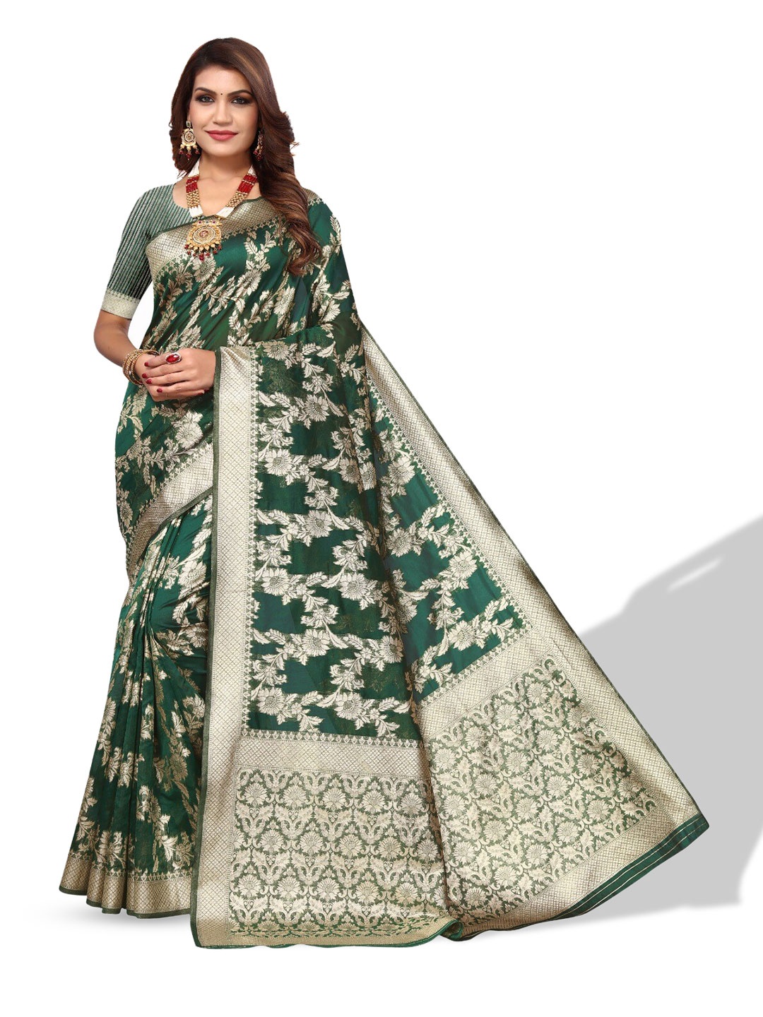 

DIVASTRI Floral Woven Design Zari Saree, Green