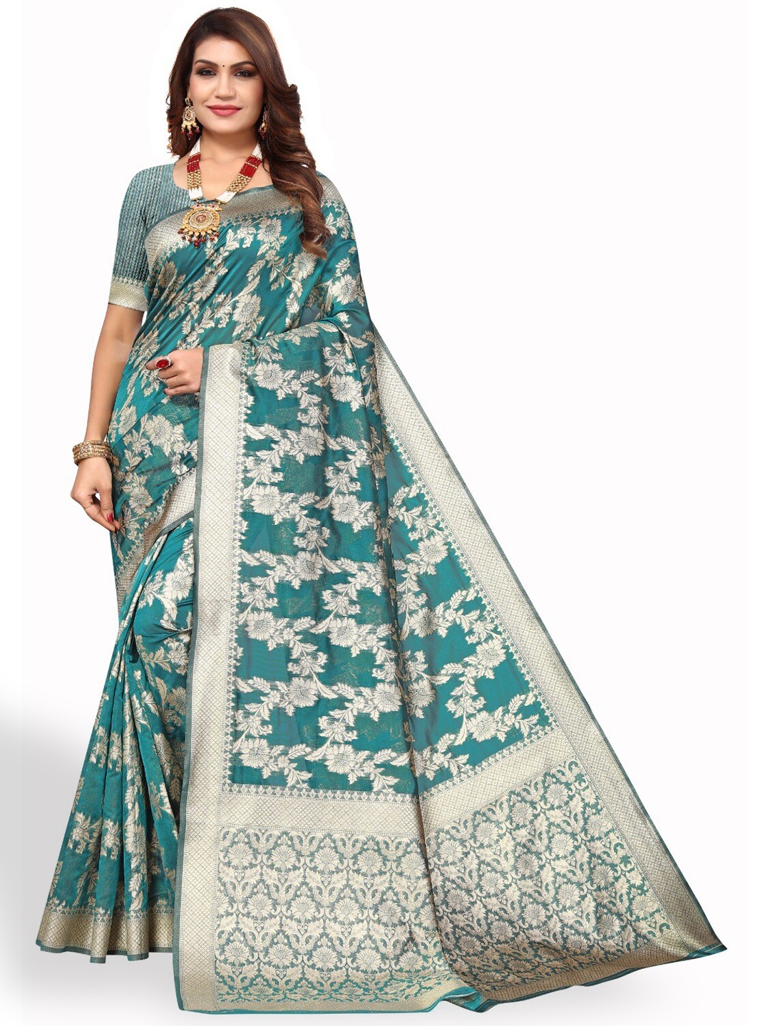 

DIVASTRI Floral Woven Design Zari Saree, Teal