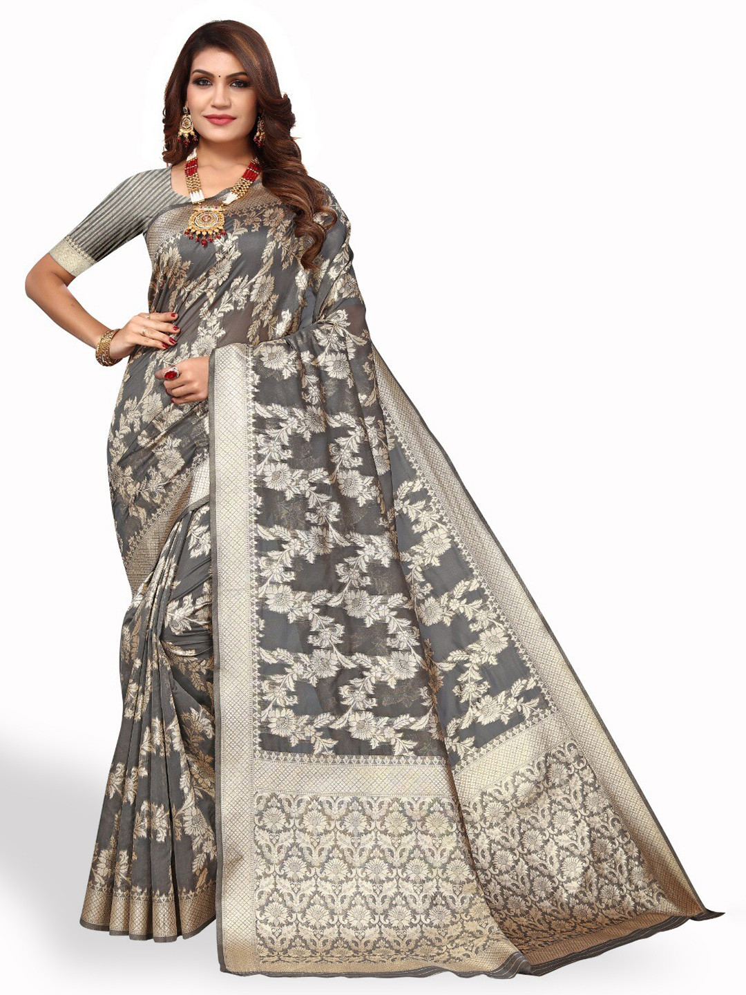 

DIVASTRI Floral Woven Design Zari Saree, Grey