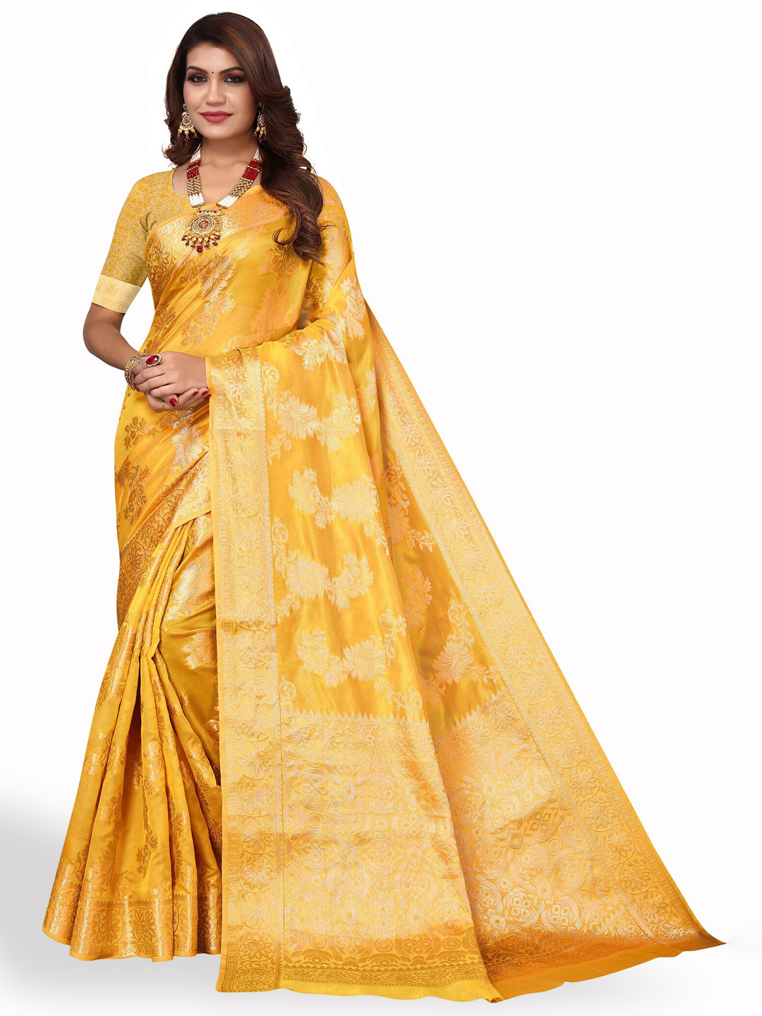 

DIVASTRI Floral Woven Design Zari Saree, Yellow