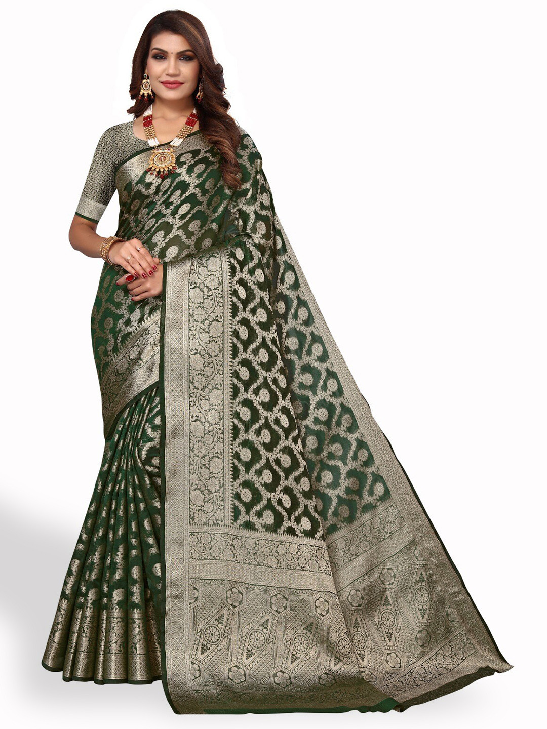 

DIVASTRI Ethnic Woven Design Zari Saree, Green