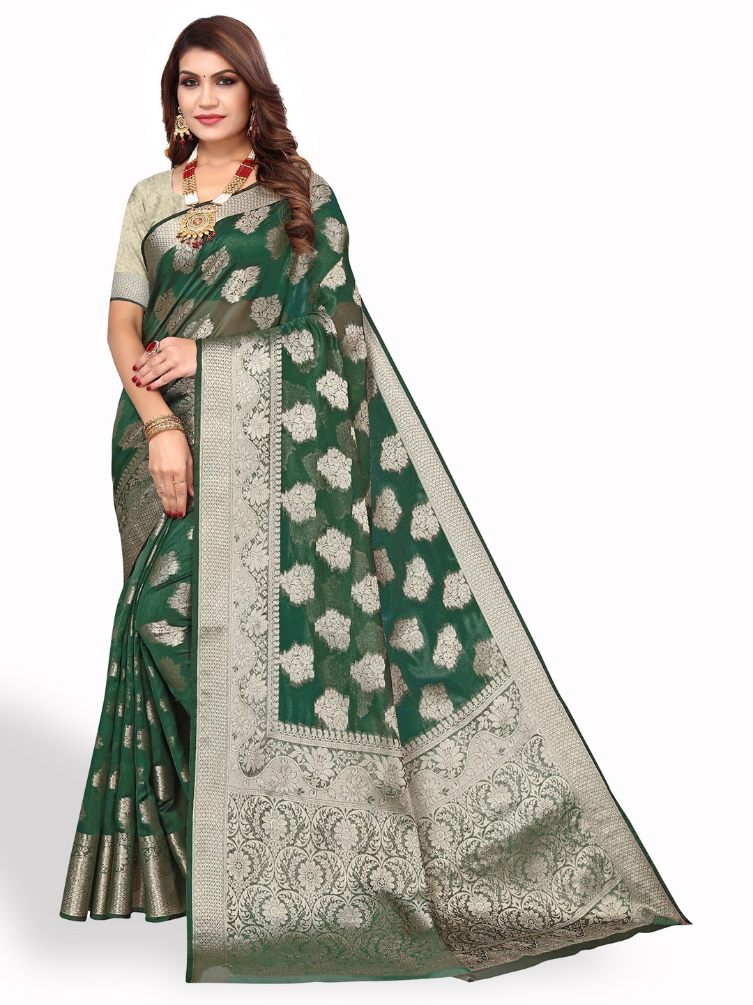 

DIVASTRI Ethnic Motifs Woven Design Zari Saree, Green