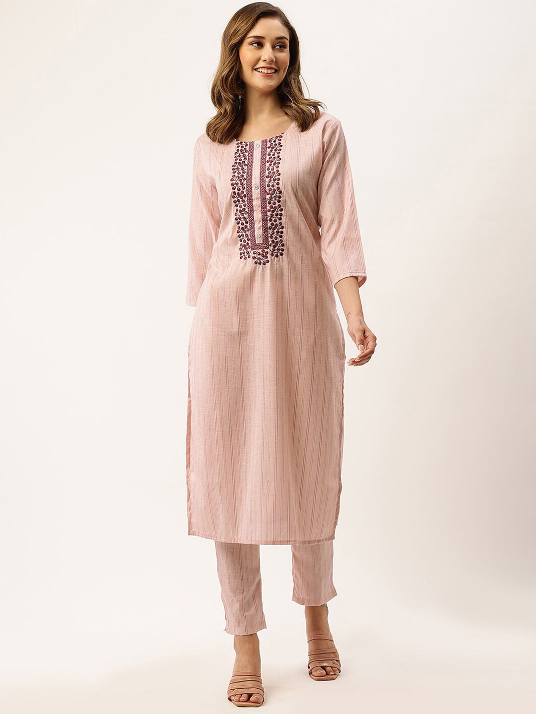 

ZOLA Pink Striped Thread Work Regular Kurta with Trousers