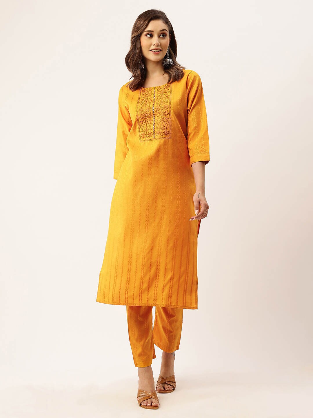 

ZOLA Mustard Yellow Chevron Thread Work Pure Cotton Kurta with Trousers