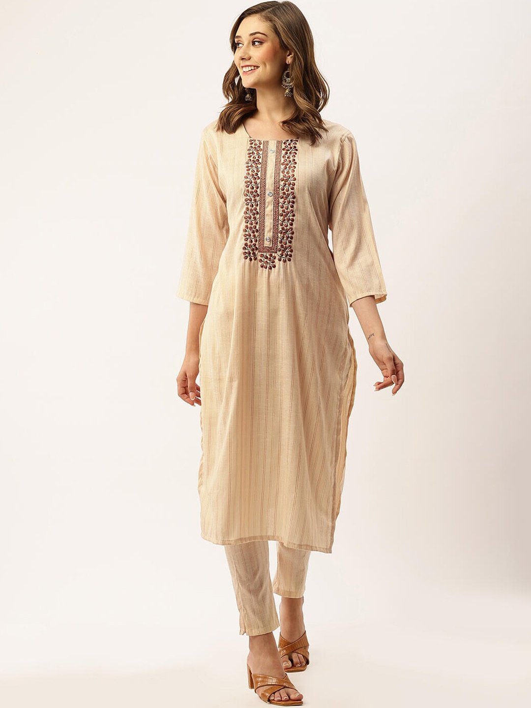 

ZOLA Beige Striped Thread Work Regular Kurta with Trousers