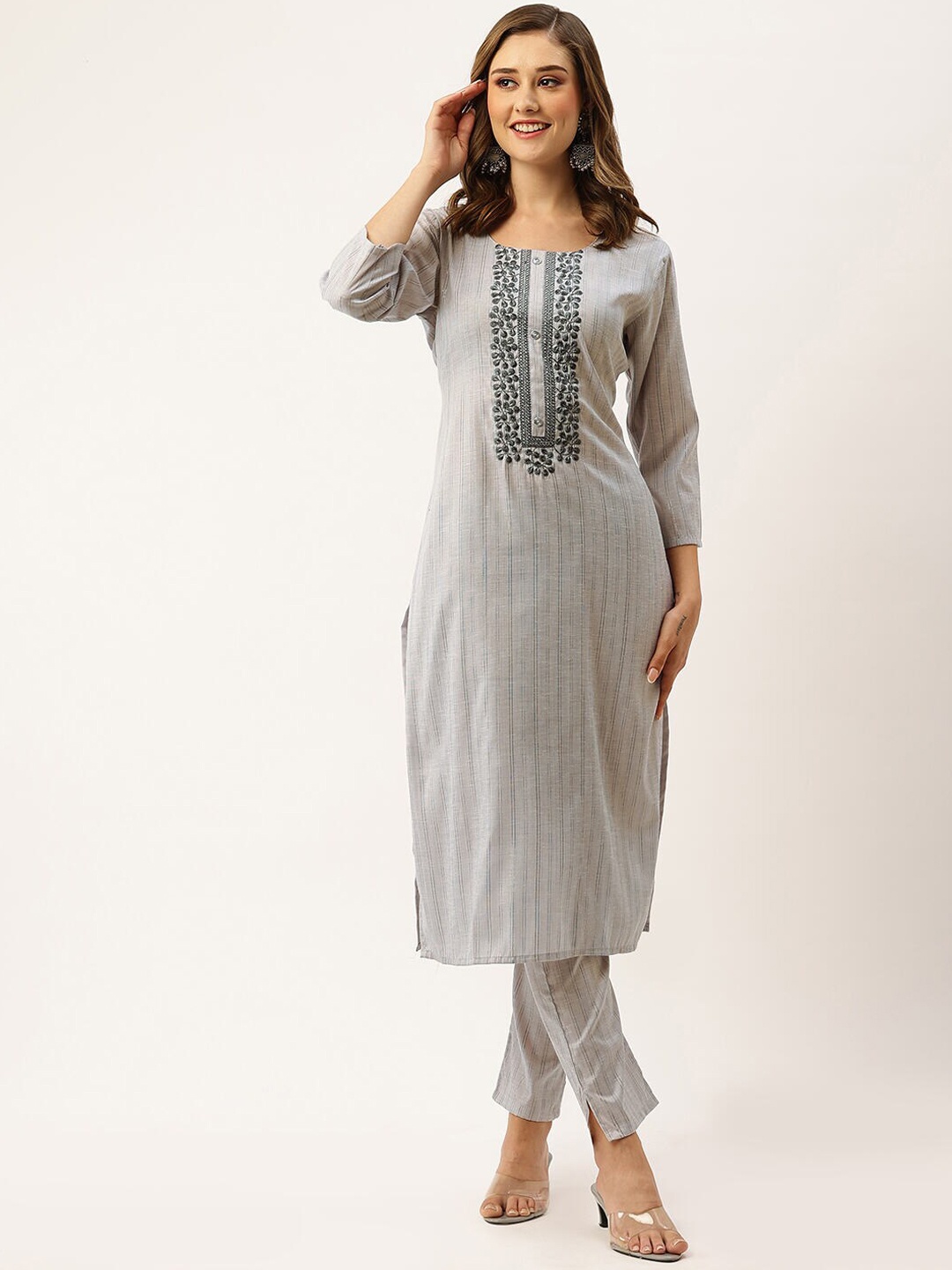 

ZOLA Grey Striped Thread Work Regular Kurta with Trousers