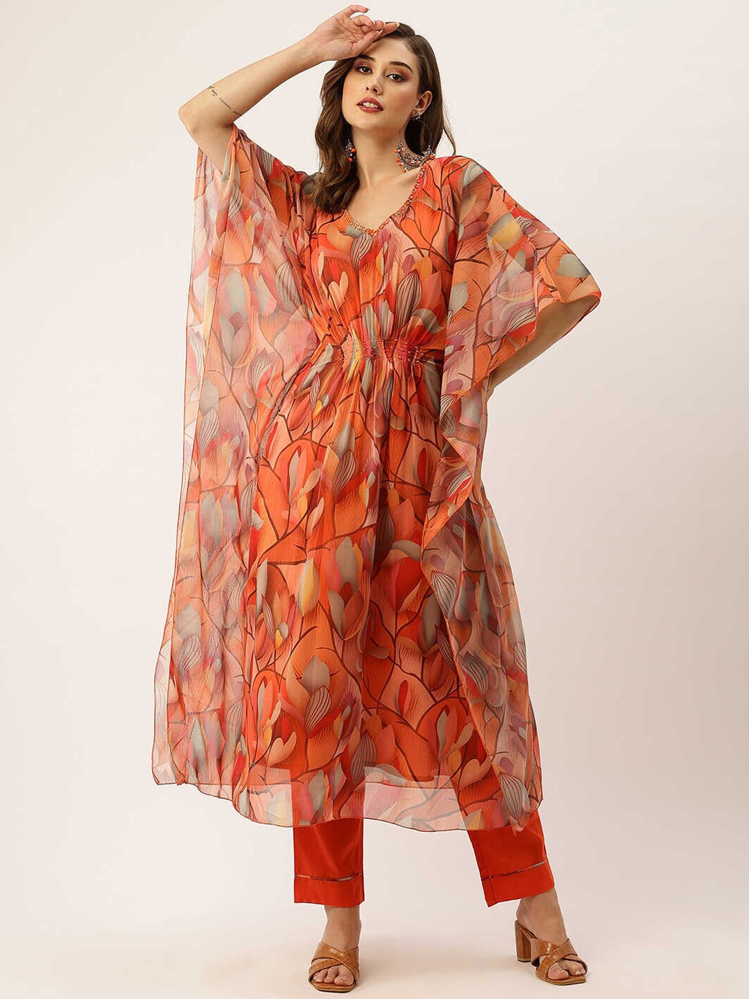 

ZOLA Red Floral Printed Kaftan Kurta With Trousers