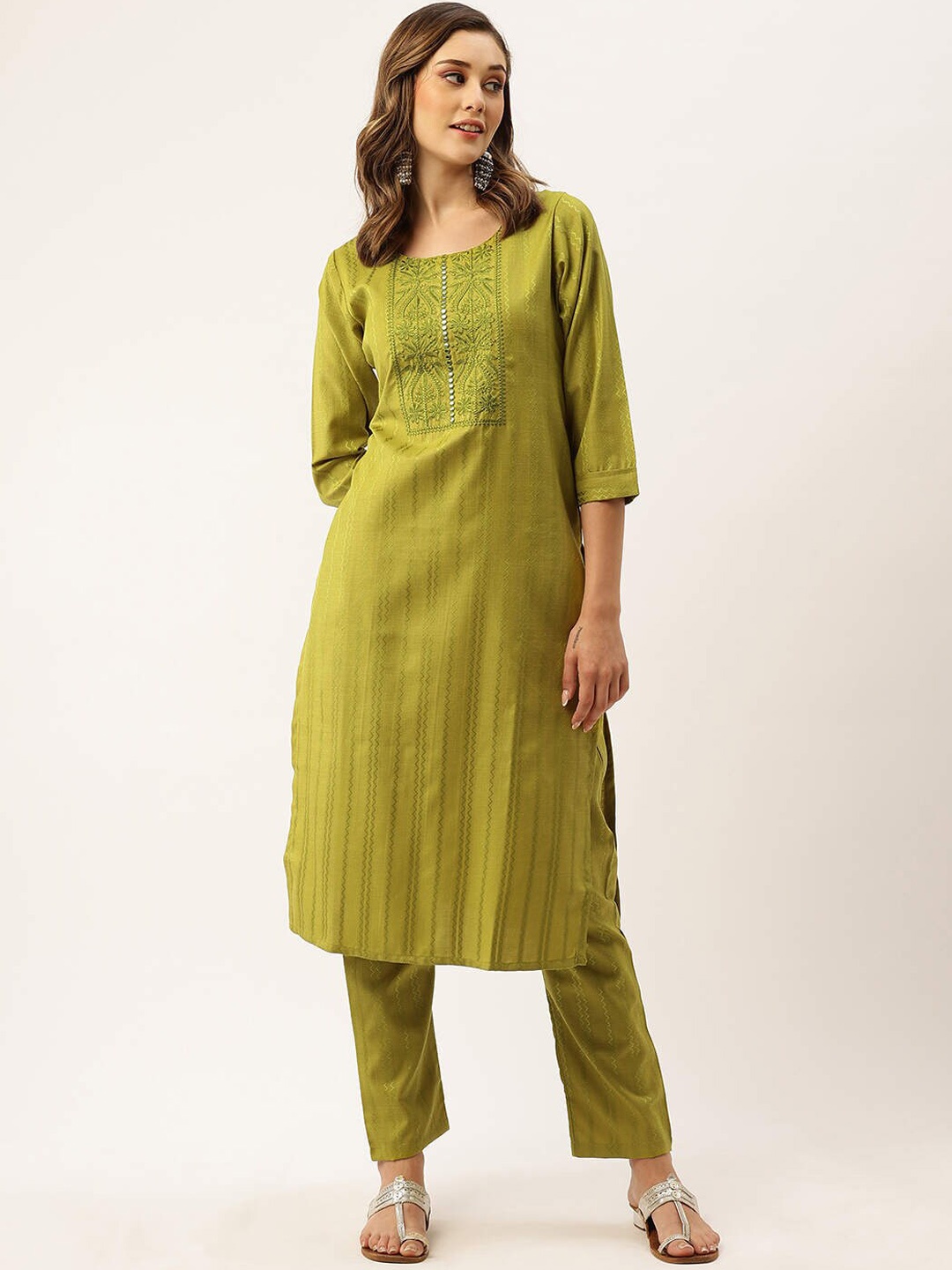 

ZOLA Green Ethnic Motifs Yoke Design Regular Mirror Work Pure Cotton Kurta With Trousers