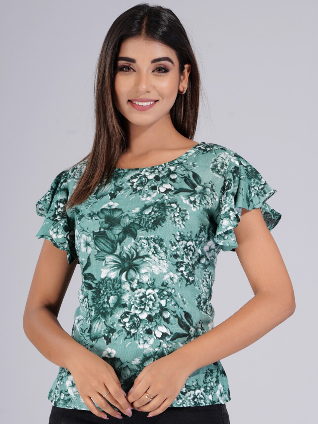 

Bachuu Floral Print Flutter Sleeve Top, Green