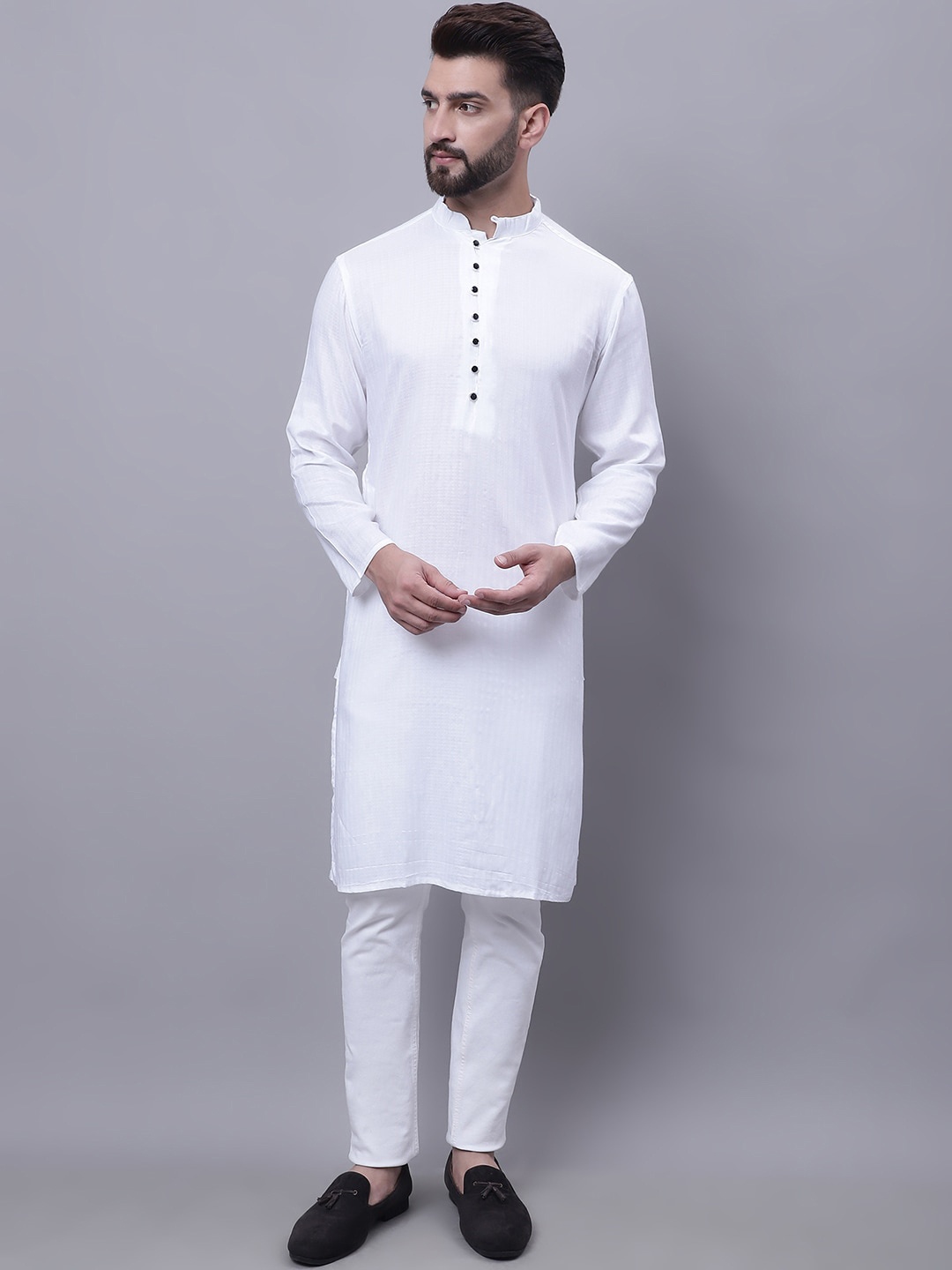 

even Woven Design Band Collar Pure Cotton Kurta, White