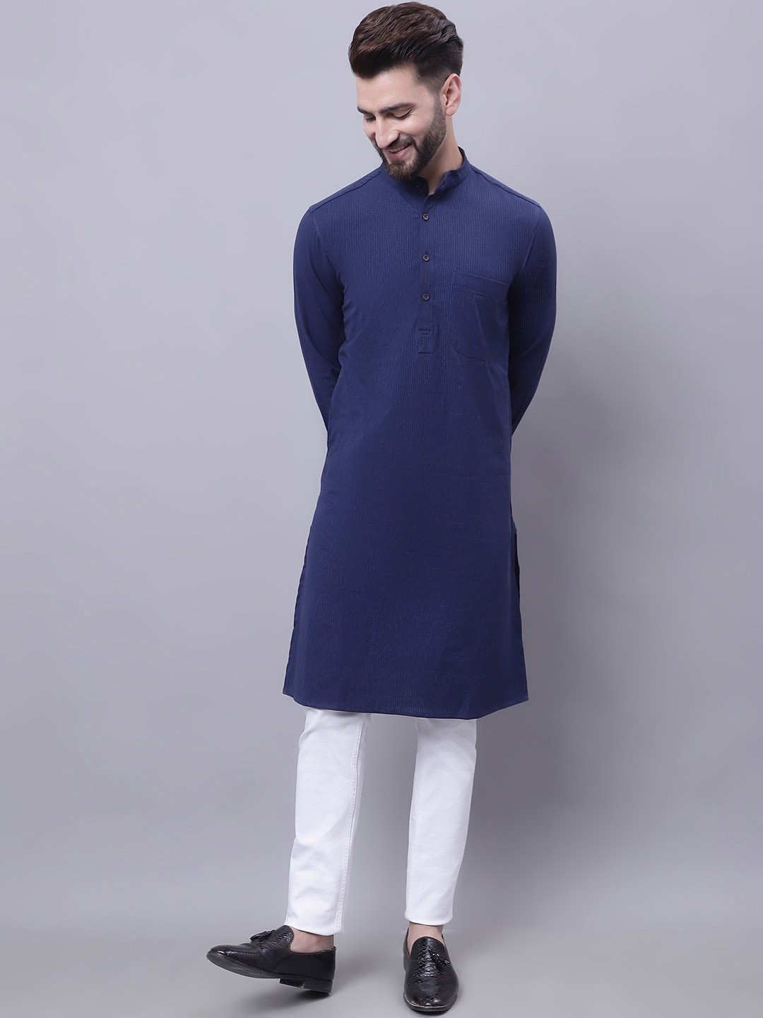 

even Woven Design Band Collar Pure Cotton Kurta, Blue