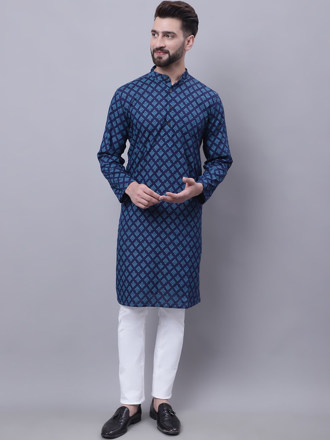 

even Ethnic Motifs Printed Band Collar Pure Cotton Kurta, Blue
