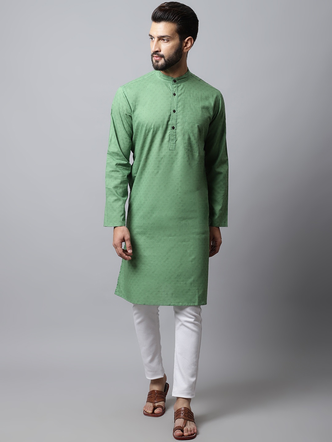 

even Woven Design Band Collar Kurta, Green