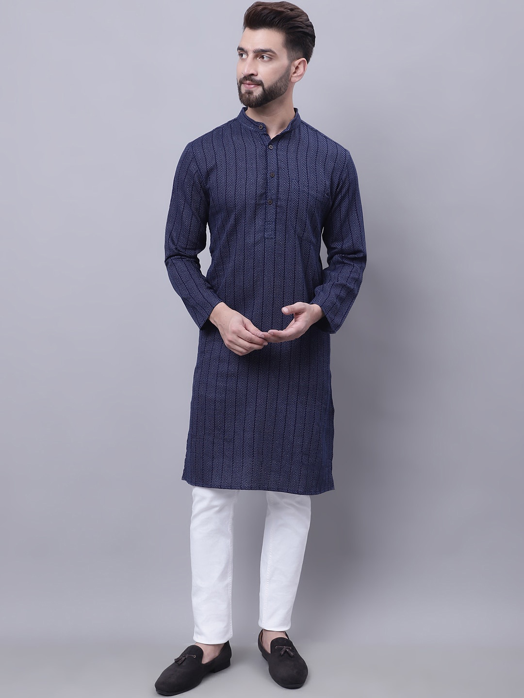 

even Woven Design Band Collar Pure Cotton Kurta, Blue