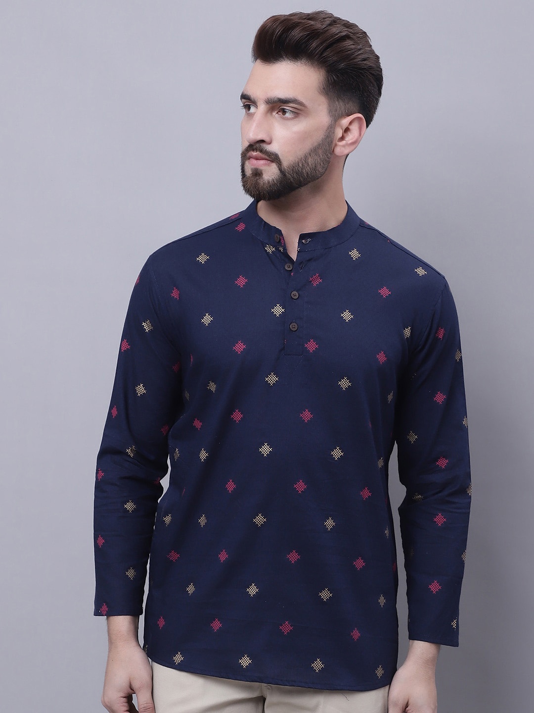 

even Geometric Printed Band Collar Pure Cotton Kurta, Blue