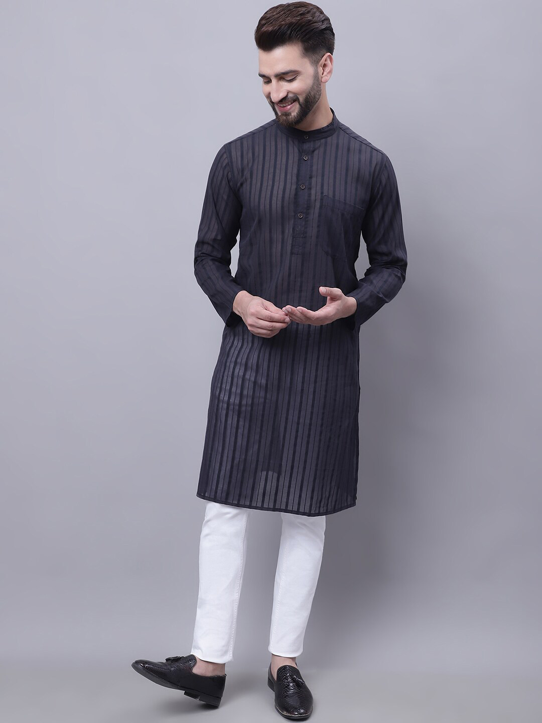 

even Striped Band Collar Pure Cotton Kurta, Black
