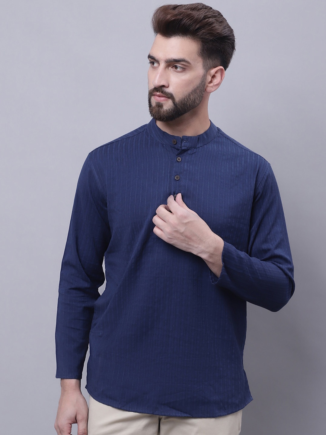 

even Striped Band Collar Pure Cotton Kurta, Blue