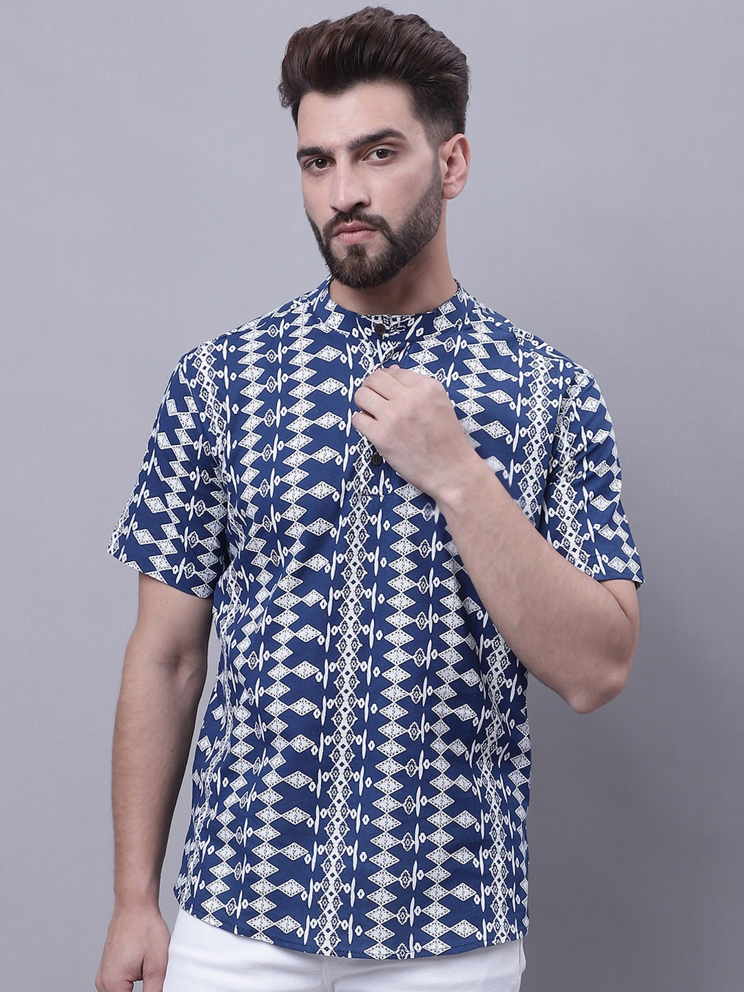 

even Geometric Printed Band Collar Pure Cotton Kurta, Blue