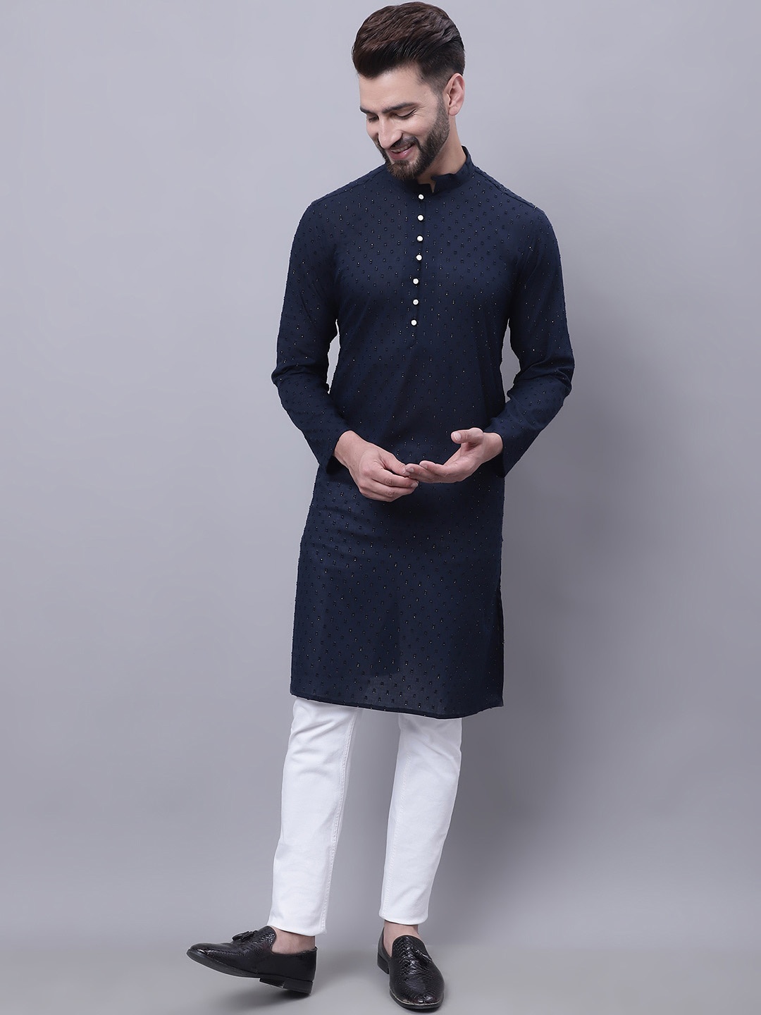 

even Woven Design Band Collar Pure Cotton Dobby Kurta, Blue