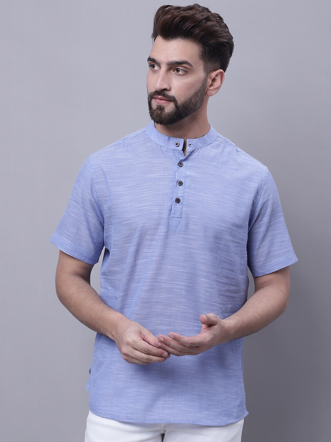 

even Striped Band Collar Pure Cotton Dobby Kurta, Blue