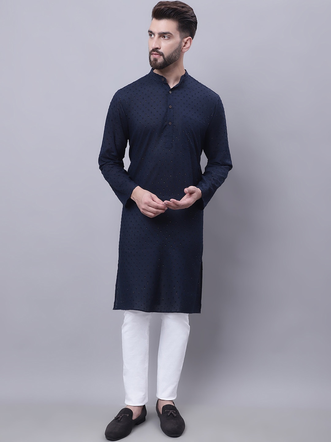 

even Woven Design Thread Work Band Collar Pure Cotton Dobby Kurta, Blue