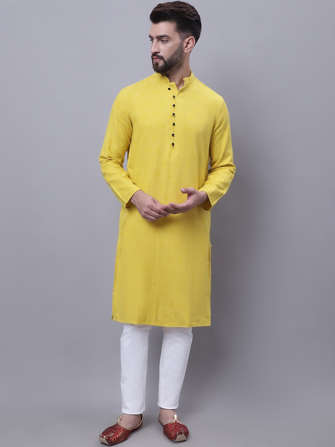 

even Woven Design Band Collar Pure Cotton Dobby Kurta, Yellow